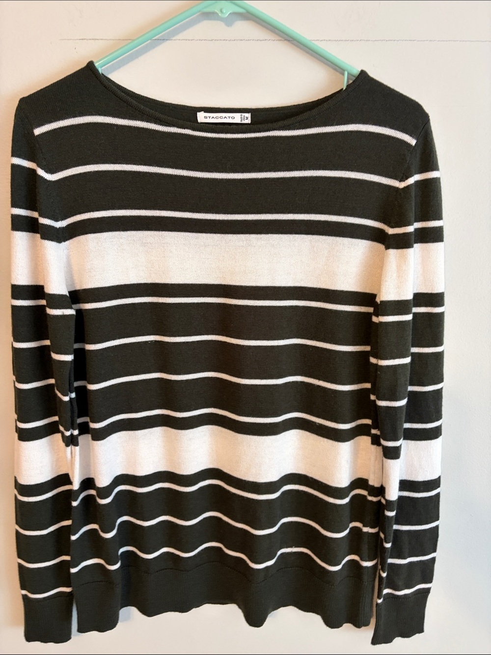 Staccato Black/charcoal and White Striped Boatneck Top. Blend fabric